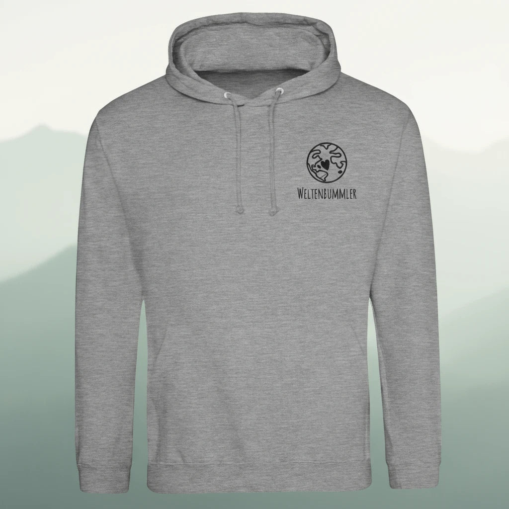 Hoodie mit schwarzem „Weltenbummler“-Logo und Weltkugel mit Herzmotiv auf der Brust
