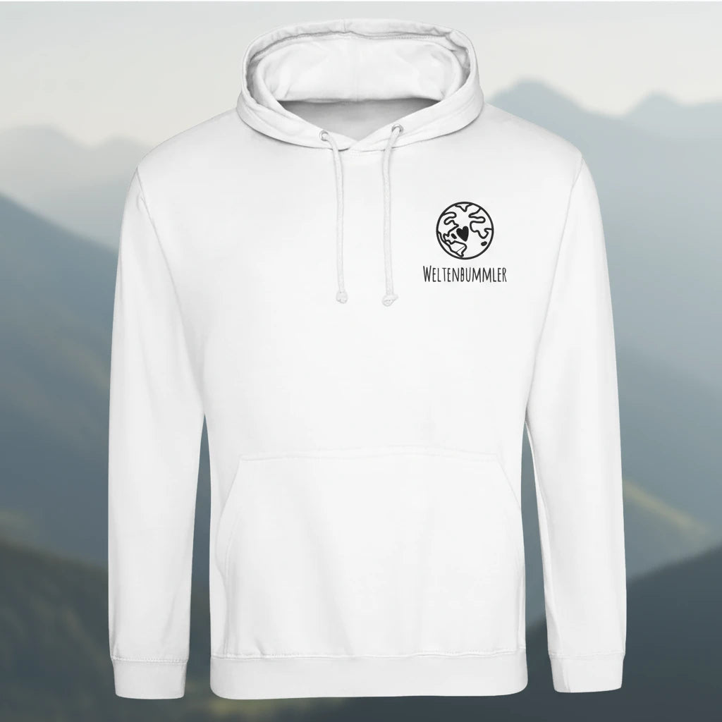 Hoodie mit schwarzem „Weltenbummler“-Logo und Weltkugel mit Herzmotiv auf der Brust