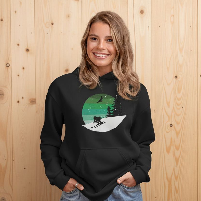 Schwarzer Hoodie mit illustrativem Motiv eines Skifahrers vor winterlicher Landschaft und Sonnenuntergang. Design in Rot oder Grün erhältlich.