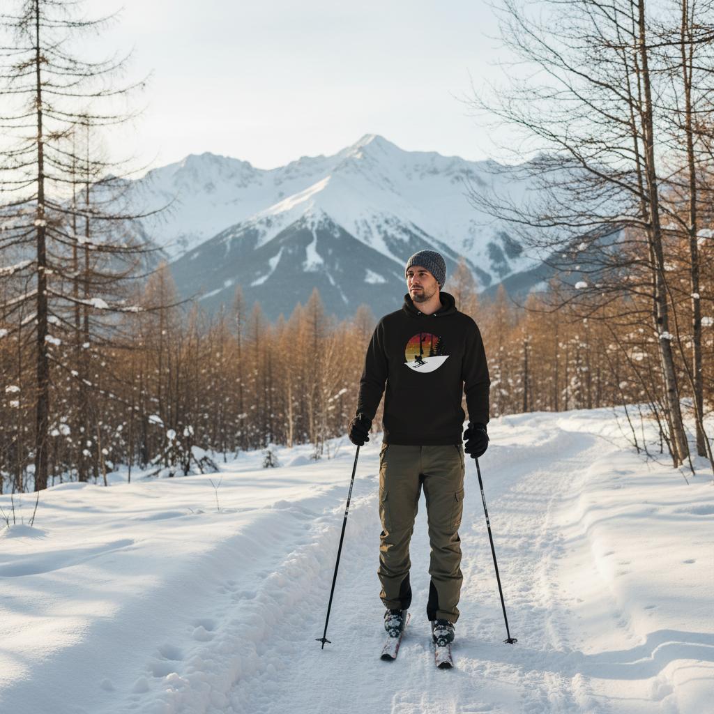 Schwarzer Hoodie mit illustrativem Motiv eines Skifahrers vor winterlicher Landschaft und Sonnenuntergang. Design in Rot oder Grün erhältlich.