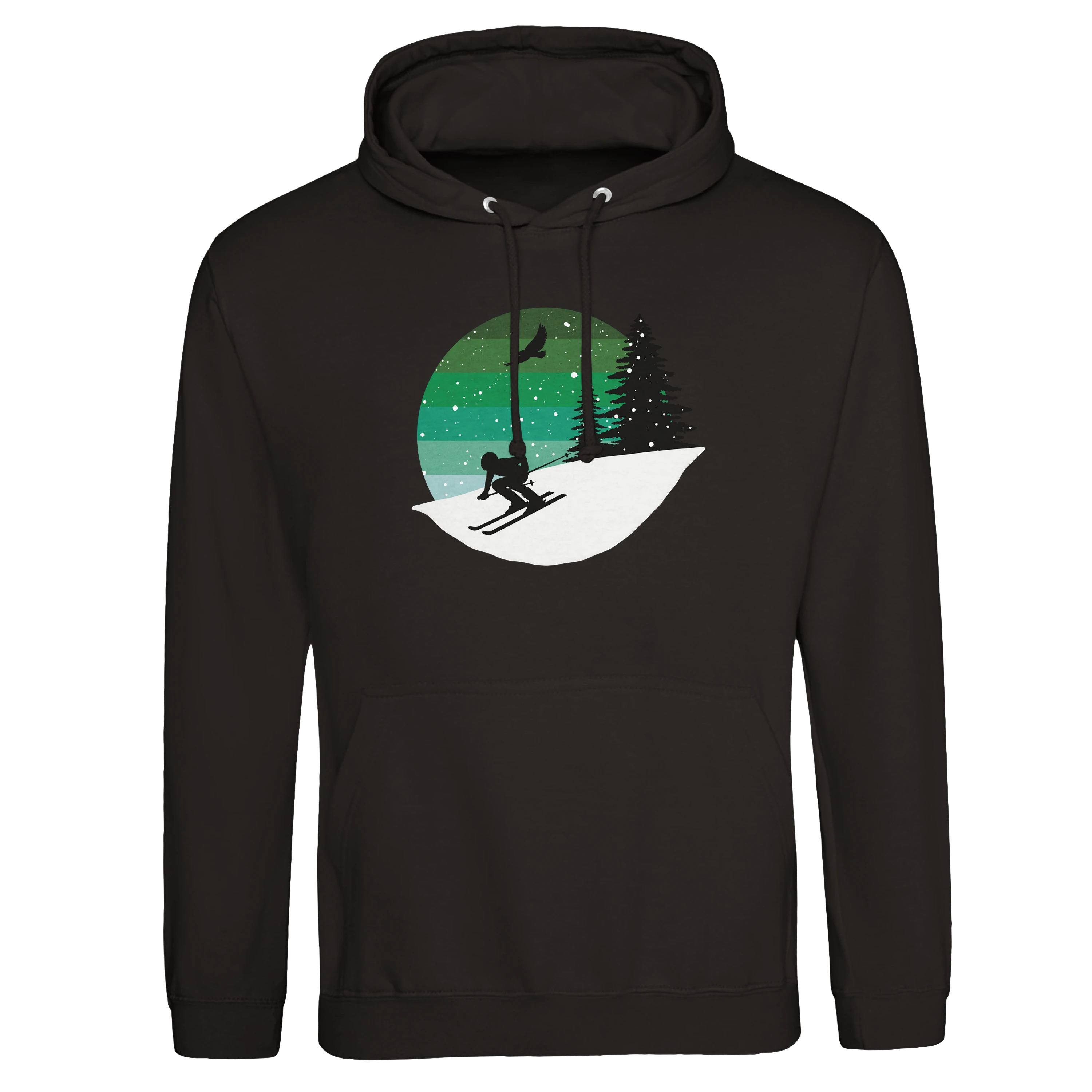 Hoodie „Winter Escape“ – Illustriertes Retro Ski-Motiv